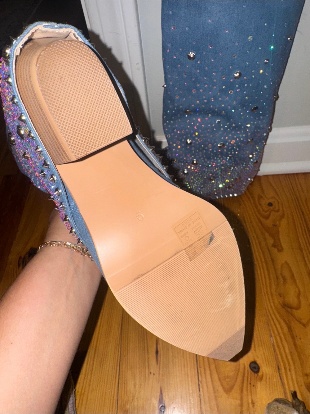 Embellished Blue Denim Knee-High Heeled Boots - Picture 2 of 3